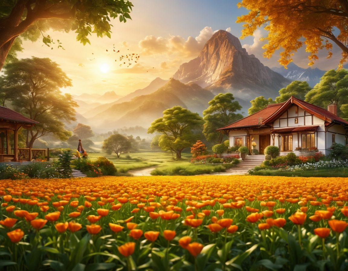 A serene landscape featuring a flourishing garden filled with golden crops and vibrant flowers, symbolizing prosperity. In the background, a diverse group of happy individuals engaging in joyful activities, such as meditation, yoga, and laughter, encapsulating wealth and well-being. The sky is radiant with a sunrise, casting a warm glow over the scene. Include icons of financial success like coins and green leaves artistically integrated into the environment. bright colors. super-realistic. uplifting.