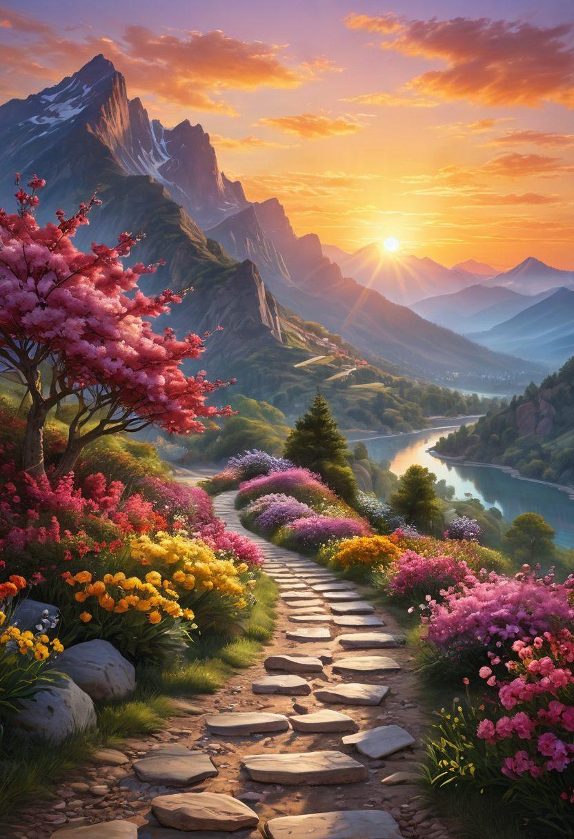 A radiant sunrise illuminating a path lined with vibrant blossoms, leading towards a distant mountain symbolizing abundance and prosperity. Envision a person joyfully walking along the path, with light reflecting off the flowers, representing extraordinary joy. The atmosphere is uplifting and serene. super-realistic. vibrant colors. landscape.