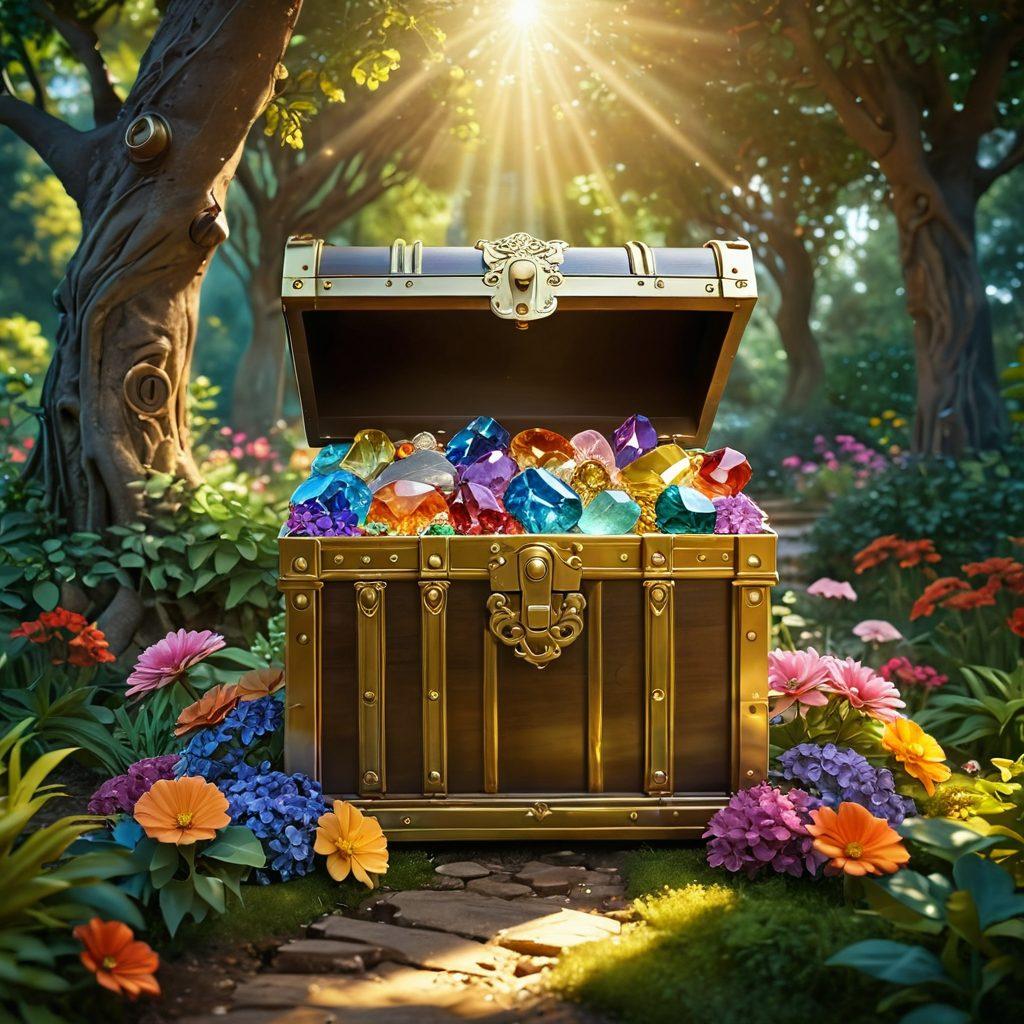 A golden key unlocking a lavish treasure chest overflowing with gemstones and ambient light, symbolizing opulence. Surrounding the chest, a serene path winding through a lush garden of vibrant flowers and tall trees, illustrating a journey of self-discovery and satisfaction. Include soft glowing orbs of light illuminating the scene for an ethereal atmosphere. super-realistic. vibrant colors. 3D.